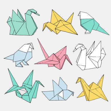 Origami kuşlar şekiller vektör seti, el çizilmiş klasör kağıt sanat renkli hayvan illüstrasyon ışık arka plan izole: vinç, kuğu, güvercin, papağan