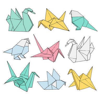 Origami kuşlar şekiller vektör seti, el çizilmiş klasör kağıt sanat renkli hayvan illüstrasyon beyaz arka plan izole: vinç, kuğu, güvercin, papağan