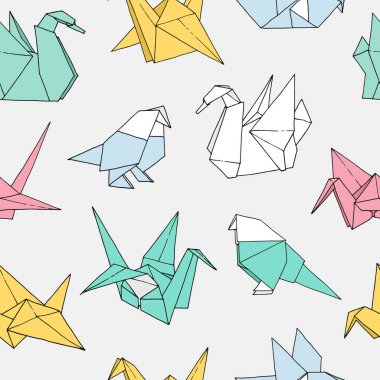 Origami kuşlar şekiller vektör dikişsiz desen, el çizilmiş klasör kağıt japonya sanat renk hayvanlar arka plan: vinç, kuğu, güvercin, papağan