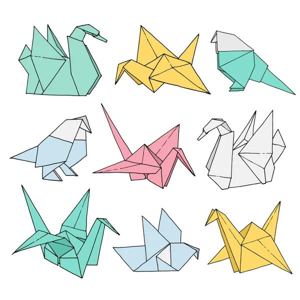 Origami Vögel Formen Vektor Set Handgezeichnete Ordner Papier Kunst Farbe — Stockvektor