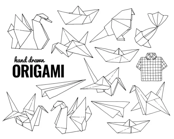 Origami Hand Drawn Vector Set Folder Paper Art Animals Shapes — Stock Vector
