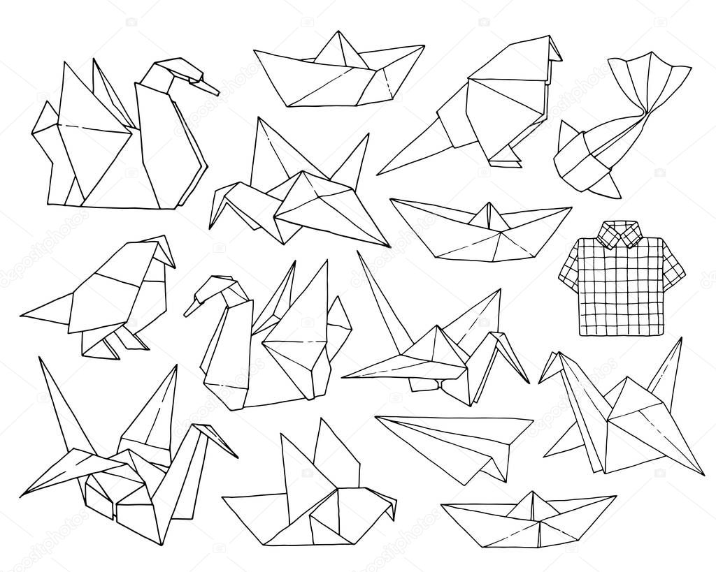 Origami hand drawn vector set, folder paper art animals, birds, boats, planes shapes isolated on white background