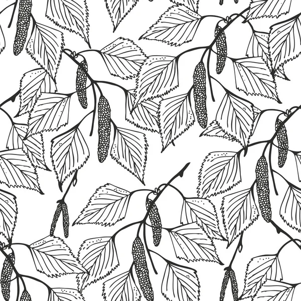Birkenzweige Mit Kätzchen Und Blättern Vektor Nahtlose Muster Handgezeichnete Natürliche — Stockvektor