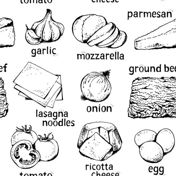Lasagne Ingrédients Vectoriel Motif Sans Couture Fond Alimentaire Dessiné Main — Image vectorielle