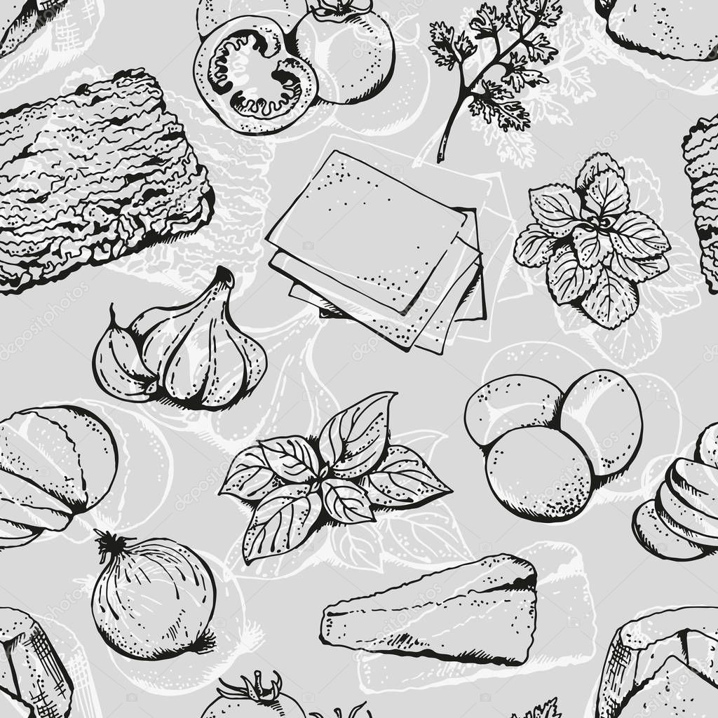 Lasagna ingredients vector seamless pattern, hand drawn food  background