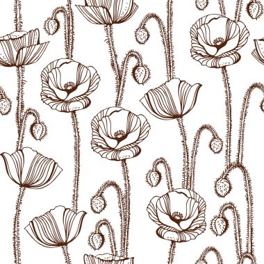 Poppy flowers vector seamless pattern, hand drawn floral botanical background