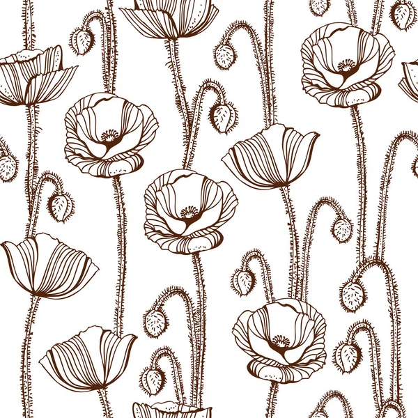 Mák Květiny Vektor Bezešvé Vzor Ručně Kreslené Květinové Botanické Pozadí — Stockový vektor
