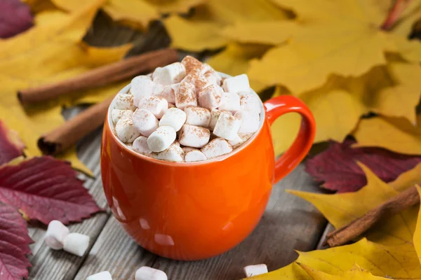 Cocoa with marshmallows in orange cup on wooden table