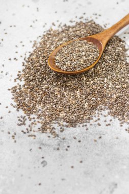 Tablo Chia tohum üzerinde dağınık. Sağlık Gıda. Organik gıda