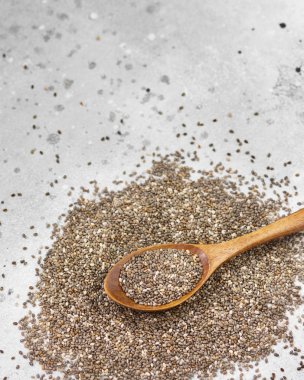 Tablo Chia tohum üzerinde dağınık. Sağlık Gıda. Organik gıda