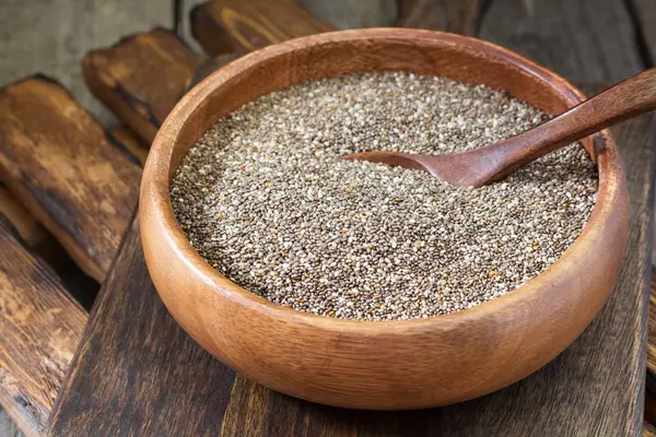 Semi Chia Alimentazione Sana Una Ciotola Legno Tavolo Legno Stile — Foto Stock