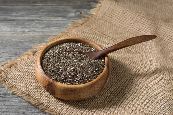 Chia Seeds Wooden Bowl Gray Wooden Table Healthy Diet Rustic — Stock Photo, Image