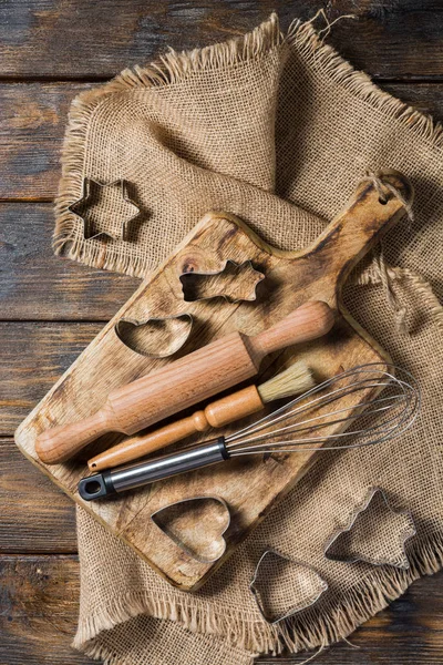 Fondo Culinario Con Accesorios Para Hornear Mesa Madera Aplanado — Foto de Stock