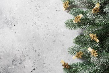 Noel ya da yeni yıl tatilinde köknar dalları ve mandallı kar taneleri. Kopyalama alanı olan üst görünüm
