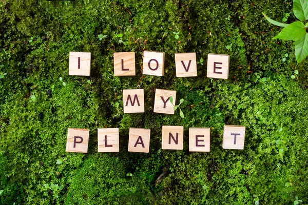 Szeretem Bolygómat Mondat Amit Szeretek Moha Zöld Hátterére Van Írva — Stock Fotó