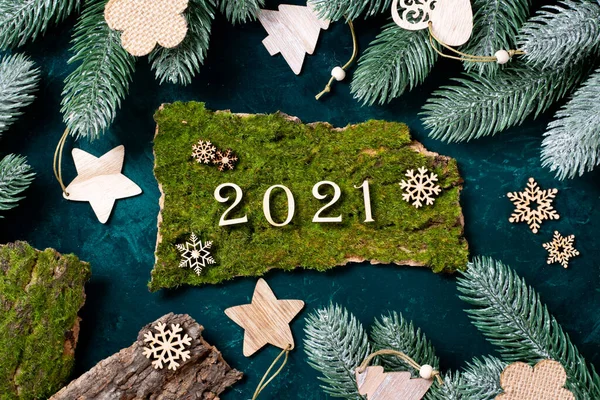 Feliz Año Nuevo 2021 Navidad Madera Decoraciones Año Nuevo Las — Foto de Stock