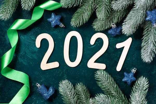 Felice Anno Nuovo 2021 Decorazioni Natalizie Capodanno Legno Sui Rami — Foto Stock