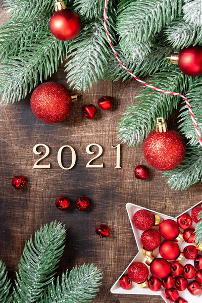 Feliz Año Nuevo 2021 Decoraciones Rojas Navidad Las Ramas Del — Foto de Stock