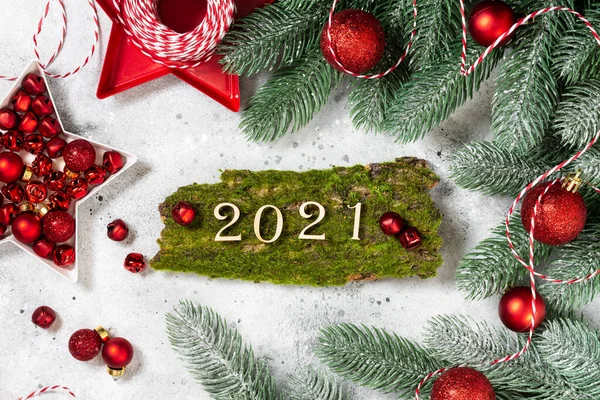 Feliz Año Nuevo 2021 Decoraciones Rojas Navidad Las Ramas Del —  Fotos de Stock