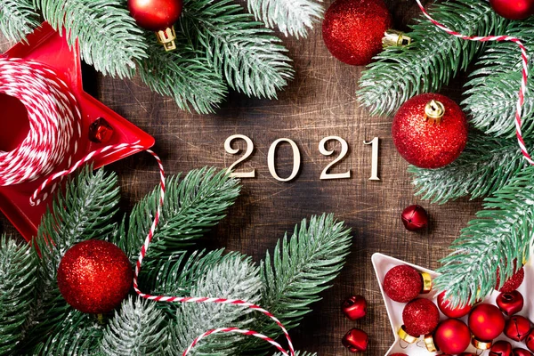 Feliz Año Nuevo 2021 Decoraciones Rojas Navidad Las Ramas Del —  Fotos de Stock