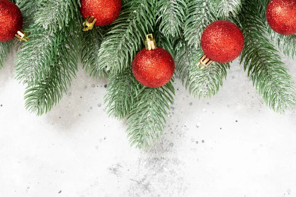 Christmas Background Red Ornaments Spruce Branches Christmas Flatlay Top View — Stock Photo, Image