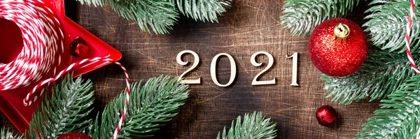 Feliz Año Nuevo 2021 Decoraciones Rojas Navidad Las Ramas Del — Foto de Stock