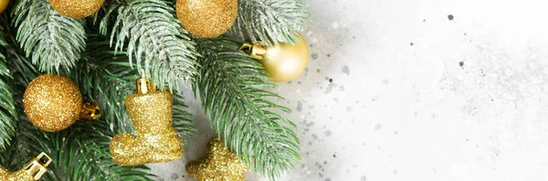 Christmas Banner Christmas Tree Gold Decorations Light Background Christmas New — Stock Photo, Image