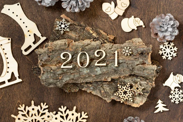 Feliz Año Nuevo 2021 Navidad Madera Decoraciones Año Nuevo Sobre — Foto de Stock