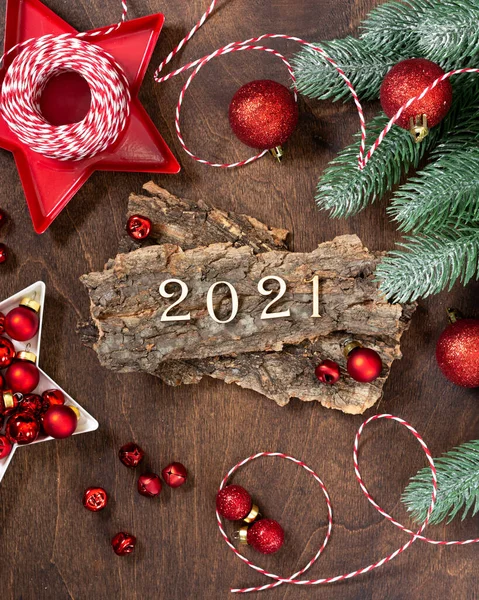 Happy New Year 2021 Red Christmas Decorations Branches Tree Festive — Stock Photo, Image