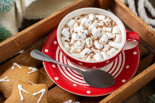 Cocoa with marshmallows in a red Cup and gingerbread on a tray on a Christmas background. Red ornaments on spruce branches on a brown table. Christmas hot chocolate