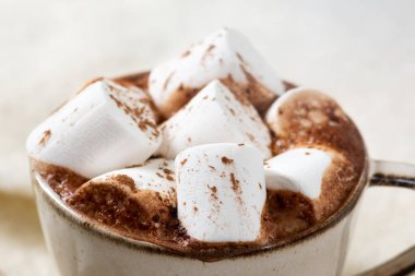 Beyaz arka planda seramik bir kupada sıcak kakao ya da lokum kaplı sıcak çikolata.