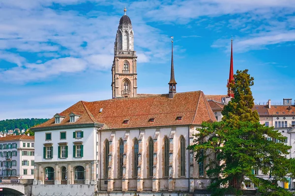 Torri Grossmunster Wasserkirche Chiesa Dell Acqua Con Helmhaus Vista Della — Foto Stock