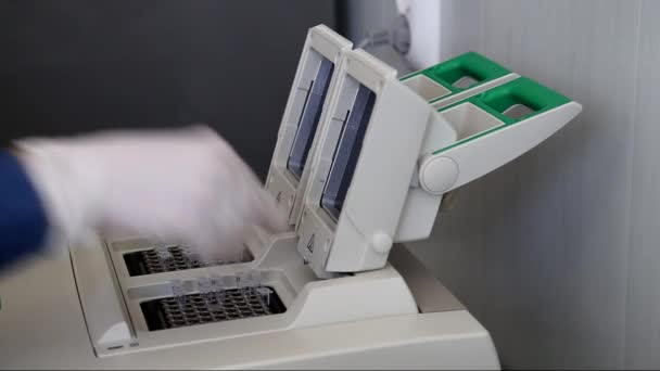 Vědec s rukavici uvedení vzorek Dna do real-time Pcr cyklovač — Stock video