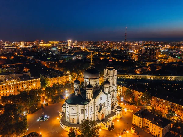 Noche Voronezh, Catedral de la Anunciación, vista aérea del dron —  Fotos de Stock