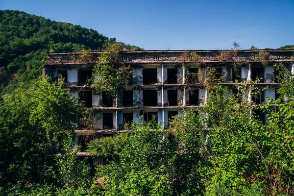 Zničená zarostlá bytový dům v horském městě duchů, následky války v Abcházii, zelený post-apokalyptický koncept — Stock fotografie