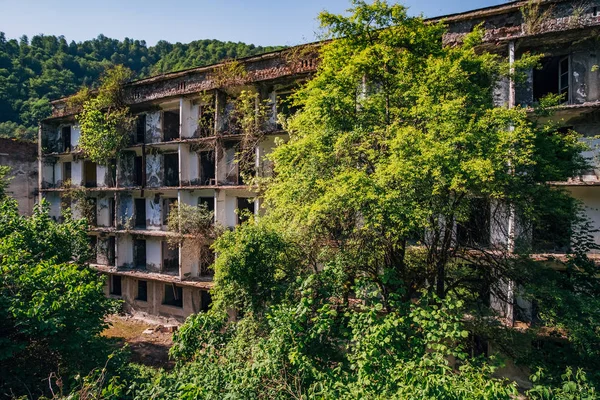 Casa de apartamentos arrasada en la ciudad minera fantasma, consecuencias de la guerra en Abjasia, concepto verde post-apocalíptico — Foto de Stock