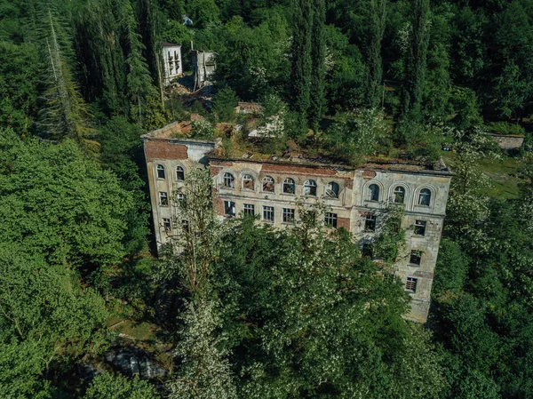 Zerstörte überwucherte Schule in Geisterstadt Akarmara, Kriegsfolgen in Abchasien, Luftaufnahme von der Drohne — Stockfoto