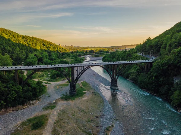 Aerial view of stone bridge over gorge of river Gumista, Abkhazia — Stock Photo, Image