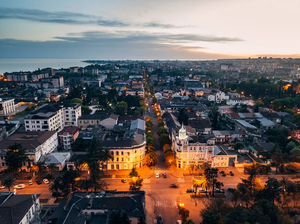 Evening resort town Sukhum, Abkhazia aerial view from drone — Stock Photo, Image