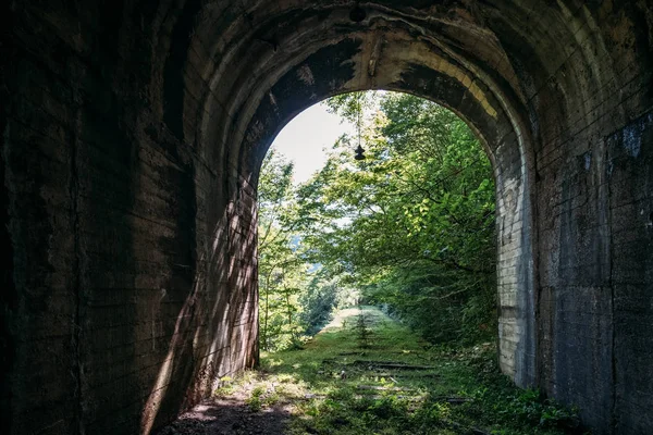 Light at the end of abandoned railroad tunnel. Overgrown railway — Stock Photo, Image