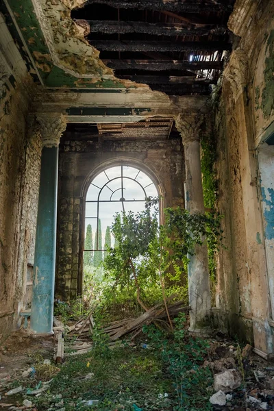 Arruinado grande salão interior coberto por plantas e musgo — Fotografia de Stock