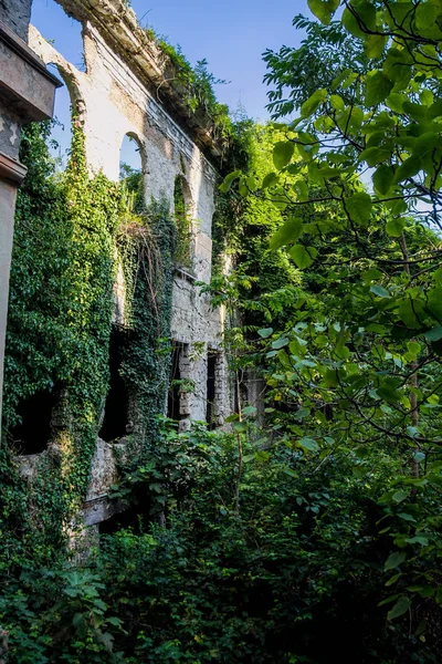 Overwoekerde ruïnes van verlaten herenhuis, Abchazië. Groene post-apoca — Stockfoto