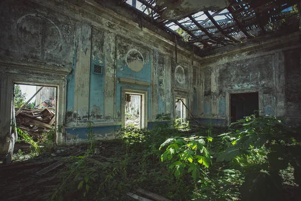 Förstört Mansion Hall interiör överväxt av växter. Nature och ABA — Stockfoto