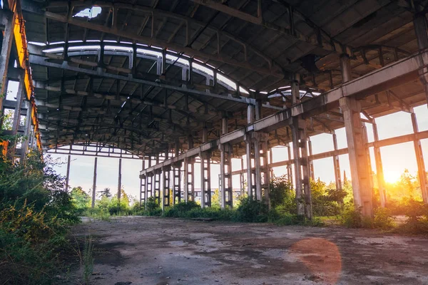 Zonsondergang bij geruïneerd verlaten overwoekerd industrieel gebouw — Stockfoto