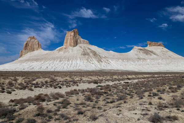 Peaked rocks and chines in Bosjira canyon, plateau Ustyurt, Kaza