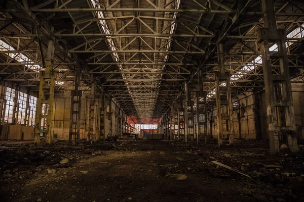 Night at large abandoned industrial hall with garbage. Voronezh — Stock Photo, Image