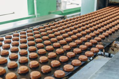 Pişirme üretim hattı. Devam ettikten sonra çiğ pişmemiş kurabiyeler