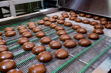 Pişirme üretim hattı. Sır kaplamadan sonra kurabiyeler