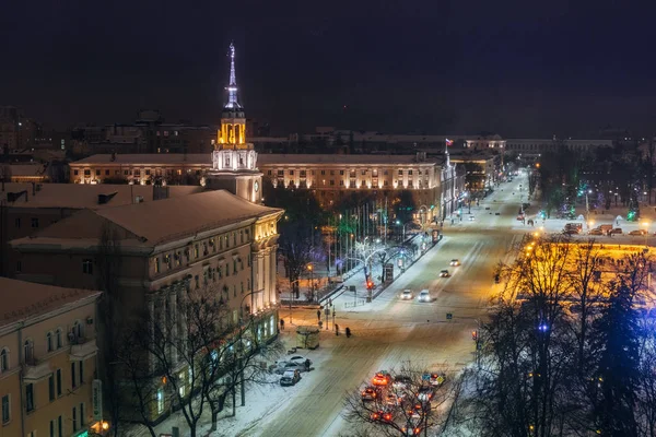 Night Voronezh downtown in winter, aerial summer cityscape from — Stock Photo, Image