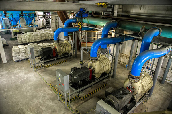 Aerial view to pumps of air pumping station of wastewater treatm